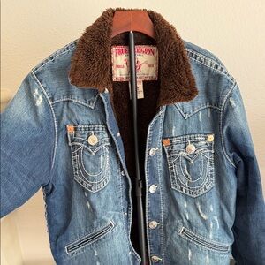 True Religion Distressed Denim Jacket with Fleece Collar